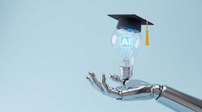 Silver robotic hand palm up holding light bulb with glowing circuit pattern and black graduation cap representing future academic success and intelligent learning technologies