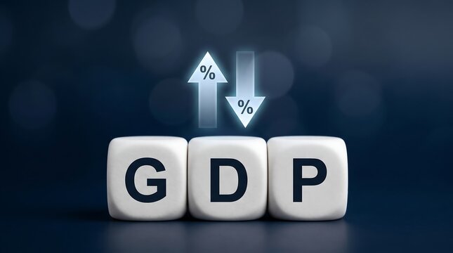White cubes with letters forming GDP acronym accompanied by glowing percentage arrows pointing up and down to illustrate economic fluctuations and gross domestic product volatility analysis