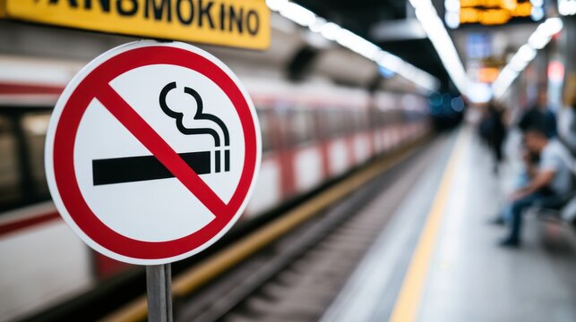 No smoking sign at subway station platform with train and passengers