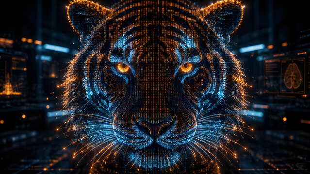 Digital tiger portrait formed from glowing particles and grid lines in a futuristic dark technology environment