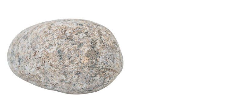 Gray round natural river stone of oval flattened shape with heterogeneous composition, spotted inclusions of red, white, black, isolated on white background with clipped path. Empty copy space