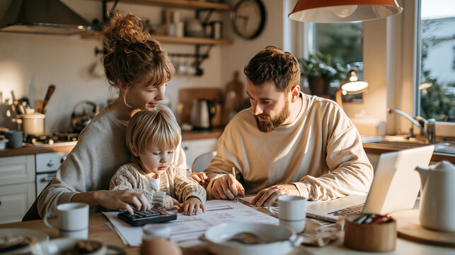 Family at kitchen table calculating how much money they can afford for a first-home down payment, parents using calculator and laptop while reviewing household expenses, realistic