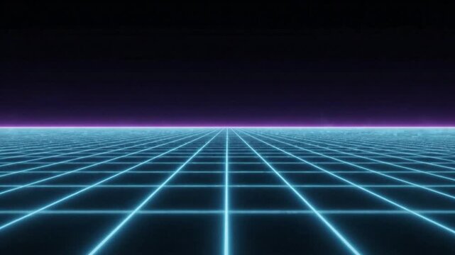 Neon grid perspective stretches into a dark digital horizon with blue glowing lines.
