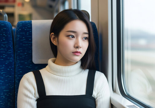 Young Asian woman looking outside of window on train