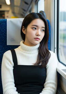 Young Asian woman looking outside of window on train