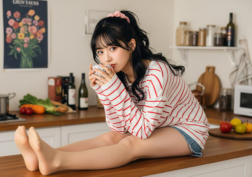 Young asian woman enjoying a cozy moment in her modern apartment