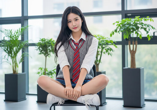 young Asian schoolgirl wearing uniform with a vest and necktie