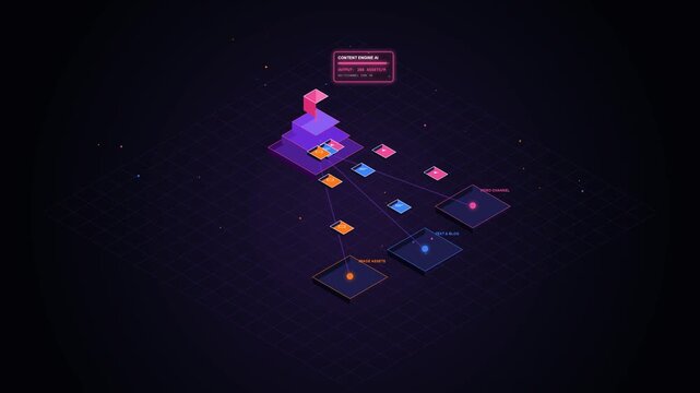 animated 3D isometric infographic showing a content engine AI distributing assets through glowing network nodes and data streams on a dark grid background.