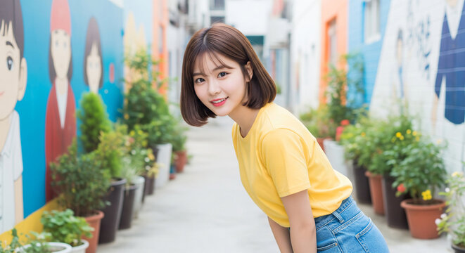 Young East Asian woman with short wavy hair wearing yellow shirt standing in vibrant city street with soft expression, urban lifestyle portrait in natural light and colorful background