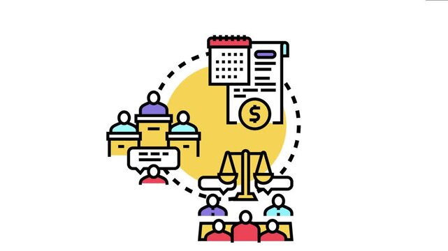 Illustrated concept of an arbitration and settlement procedure. Showing people. Speech bubbles. Balance scales. Legal documents. Calendar. And a dollar sign