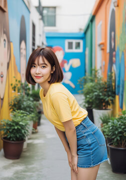 Young East Asian woman with short wavy hair wearing yellow shirt standing in vibrant city street with soft expression, urban lifestyle portrait in natural light and colorful background