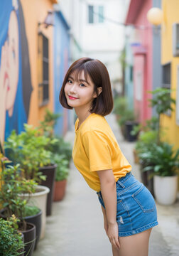 Young East Asian woman with short wavy hair wearing yellow shirt standing in vibrant city street with soft expression, urban lifestyle portrait in natural light and colorful background