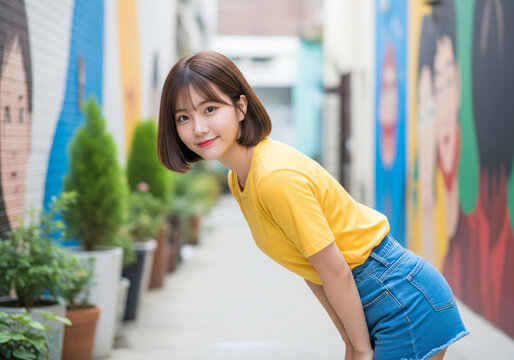 Young East Asian woman with short wavy hair wearing yellow shirt standing in vibrant city street with soft expression, urban lifestyle portrait in natural light and colorful background