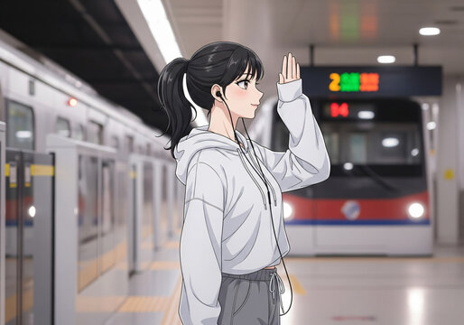 Beautiful japanese young girl waiting train in metro. Anime style art design
