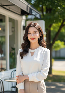 A woman is standing in front of a house with a smile on her face. Cafe chilling time relax.