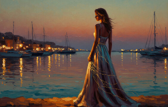 A young woman in a long, shimmering evening gown, like stars, sits on a rock by the sea. A boat is docked at the harbor at dusk or dawn, under a sky full of stars.