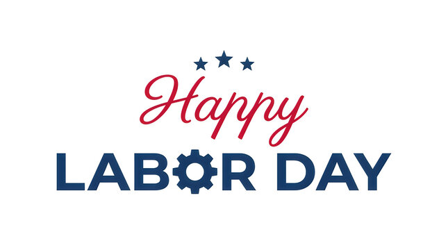 Happy labor day greeting card design with patriotic colors and a gear icon on white background