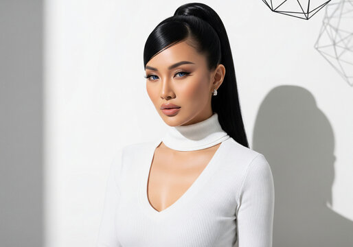 A stunning asian woman poses gracefully in a white dress.