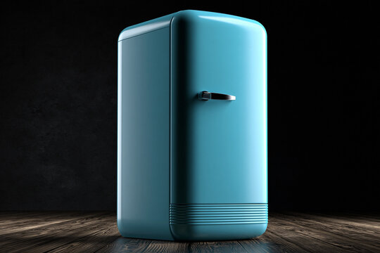 Blue fridge in dark room, wooden floor