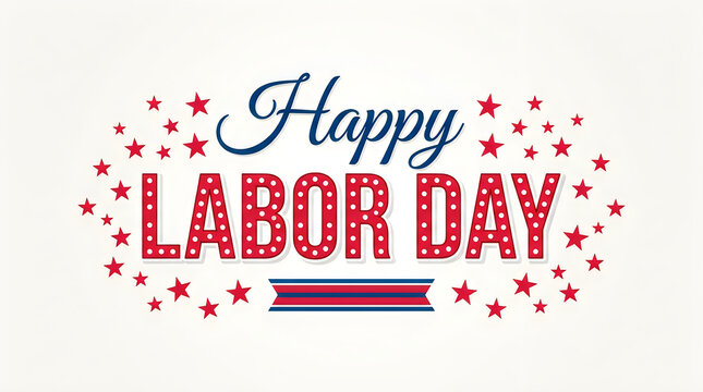 Decorative happy labor day typography design with red stars and blue text on a white background