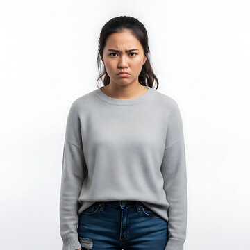 Frustrated young Southeast Asian woman looking down with stressed expression isolated on white background