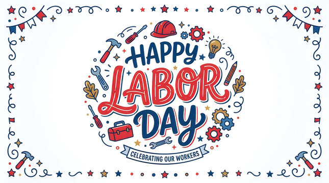 Festive happy labor day typography illustration with decorative elements and a white background