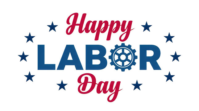 Festive happy labor day greeting with stars and a gear illustration in red white and blue