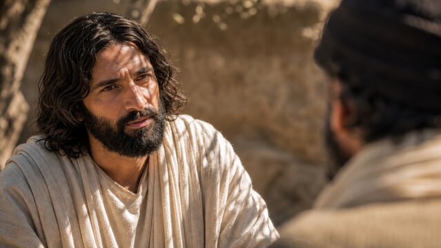 Jesus Christ teaching about compassion and loving ones neighbor in a biblical desert setting. Christian faith, mercy, kindness, and parable of the Good Samaritan concept