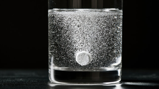 A clear glass filled with water shows an effervescent tablet slowly dissolving at the bottom. Bubbles rise to the surface as the tablet breaks apart. The setting is dark and simple