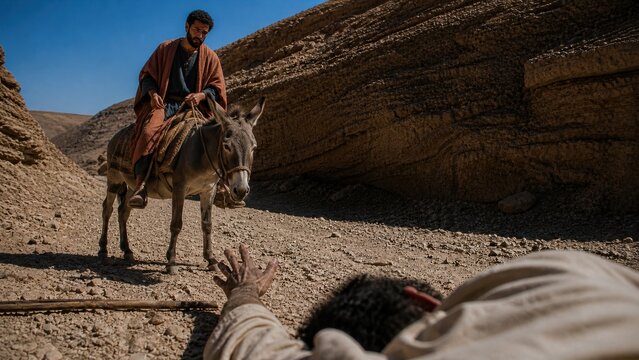 Samaritan riding a donkey discovers an injured traveler on a desert road. Biblical parable of compassion, mercy, kindness, and helping a stranger in need.