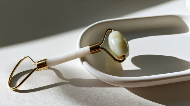 A jade roller sits on a white tray on a table. The sunlight casts a shadow. The setting shows a simple, uncluttered space with no other objects