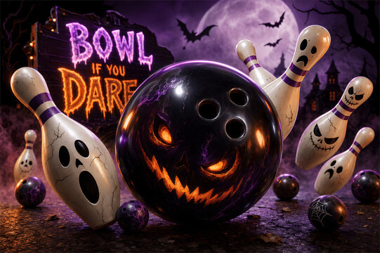 Halloween themed bowling ball and pins in a spooky scene