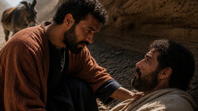 Good Samaritan helping an injured man on a desert road. Biblical parable about compassion, mercy, neighborly love, and humanitarian care in ancient times.