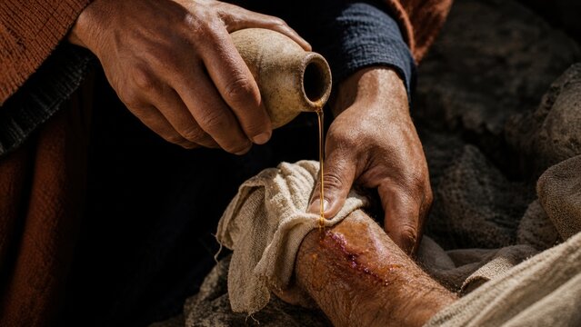 Samaritan treating an injured traveler&rsquo;s wound with oil and cloth. Good Samaritan parable illustrating mercy, compassion, healing, and humanitarian care from the Bible.