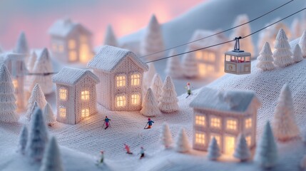 Fototapeta premium Cozy knitted winter village with glowing houses, ski lift, and tiny skiers on snowy hills under a soft pink sky.