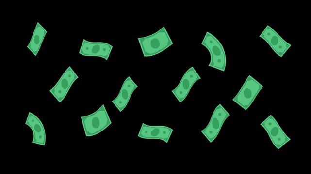 Green banknotes bend and tilt in a smooth traveling wave across a dark background, creating a dynamic currency motion effect ideal for finance promos, business visuals, transitions, and ads.
