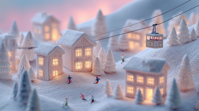 Cozy knitted winter village with glowing houses, ski lift, and tiny skiers on snowy hills under a soft pink sky.