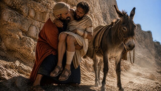 Good Samaritan helping an injured man onto a donkey along an ancient desert road. Biblical parable of compassion, mercy, kindness, and neighborly love from the Gospel of Luke.