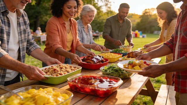 Diverse neighbors sharing food at an outdoor potluck dinner party in a sunny park setting.