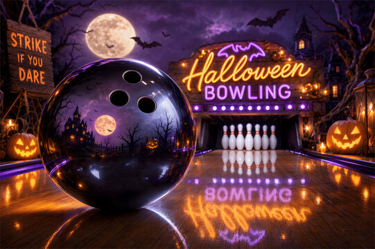Purple bowling ball reflects a halloween bowling alley scene with pumpkins and a full moon