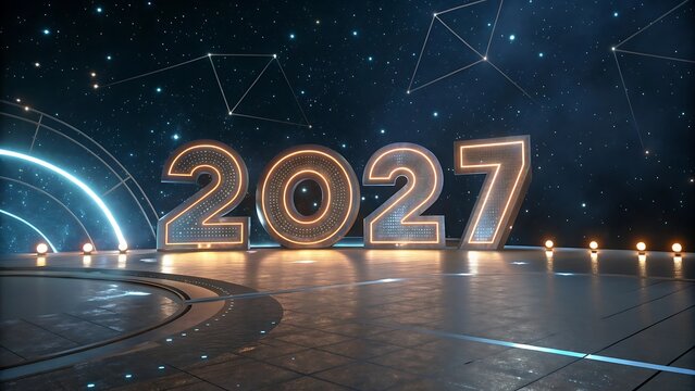 Futuristic 2027 new year countdown with glowing digital numbers and light trails on dark cityscape background