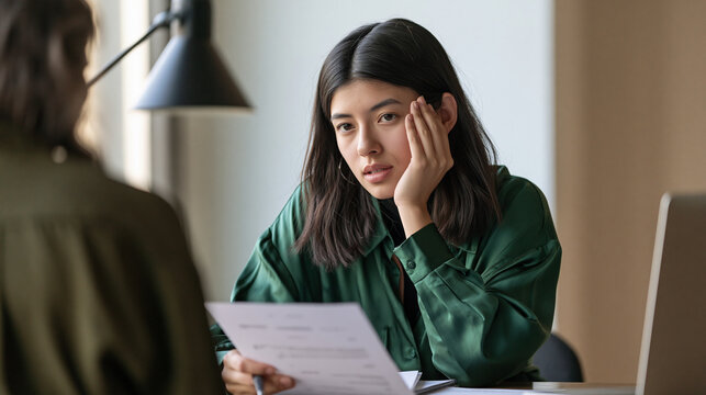 Young woman buying her first apartment meeting with a mortgage broker, carefully reviewing home financing options and estimated monthly payments, thoughtful expression rather than