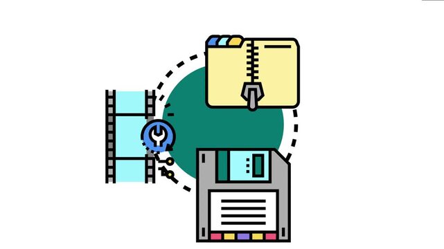 Digital archiving concept file compression in a folder with a zipper, along with film rolls for media preservation and a floppy disk for historic computer data backups
