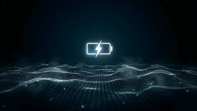 Abstract digital background with a glowing battery icon representing energy and technology