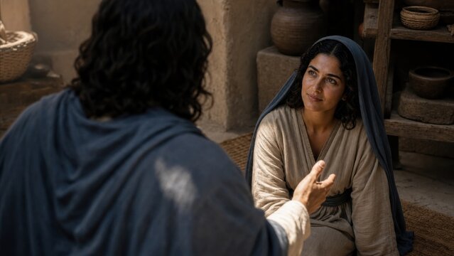 Jesus speaks with Martha inside a humble ancient home. Biblical scene about hospitality, service, spiritual priorities, and choosing attentive faith from the Gospel of Luke.