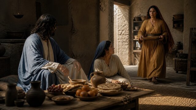Jesus teaching Mary while Martha serves a meal in an ancient home. Biblical scene from Luke 10 about hospitality, discipleship, spiritual priorities, and attentive listening.