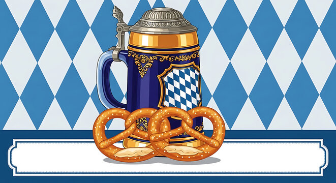 Traditional german beer stein with blue and white diamond pattern and two soft pretzels on a decorative background
