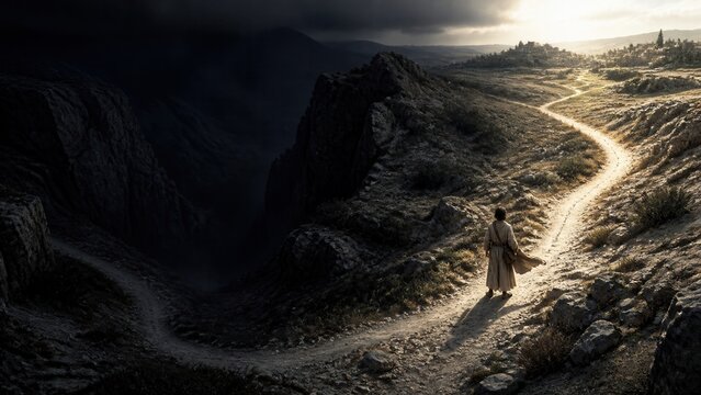 Biblical traveler choosing a sunlit mountain path beside a dark ravine. Spiritual journey representing faith, hope, temptation, and the choice between light and darkness.