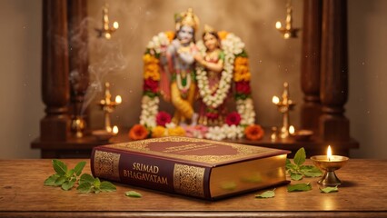 Obraz premium Srimad Bhagavatam Book – Sacred Vaishnava Scripture in Krishna Temple 