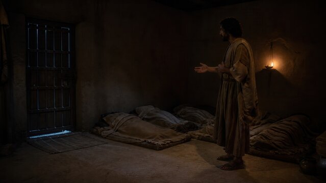 Biblical man standing in a humble bedroom with open hands beside sleeping mats and a closed wooden door, illustrating persistent prayer, faith, and the parable of asking at midnight